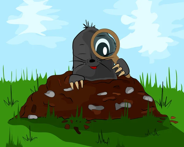 Topo con una lupa en molehill — Vector de stock