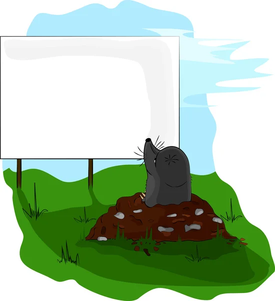 Mole on molehill looking at a billboard. — Stock Vector