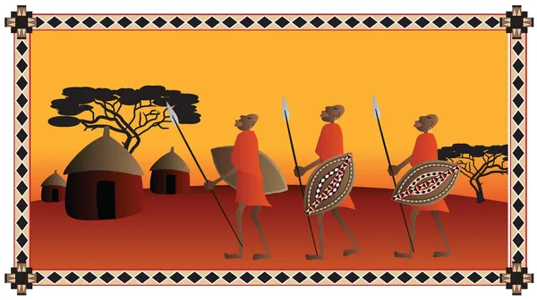 Afrikaanse krijgers naar de hun dorp — Stockvector