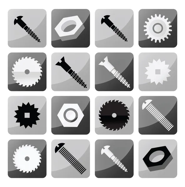 Vector industrial buttons (tooth wheels, screws, circular saw) — Stock Vector