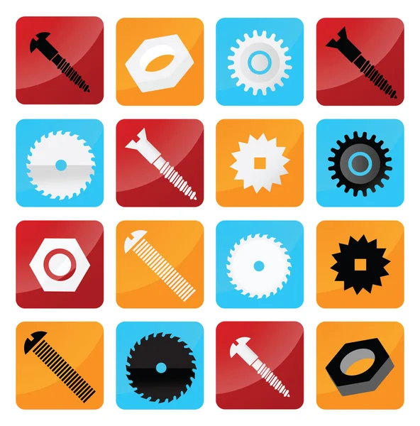 Vector industrial buttons (tooth wheels, screws, circular saw) — Stock Vector