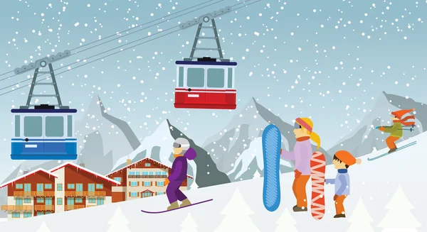 Esquí y snowboard en las montañas — Vector de stock