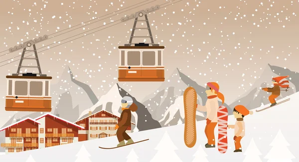 Esqui e snowboard nas montanhas — Vetor de Stock
