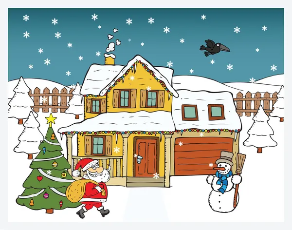 Kartki świąteczne - Mikołaj przynosi prezenty — Wektor stockowy