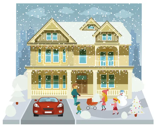 Family house in the winter (diorama) — Stock Vector