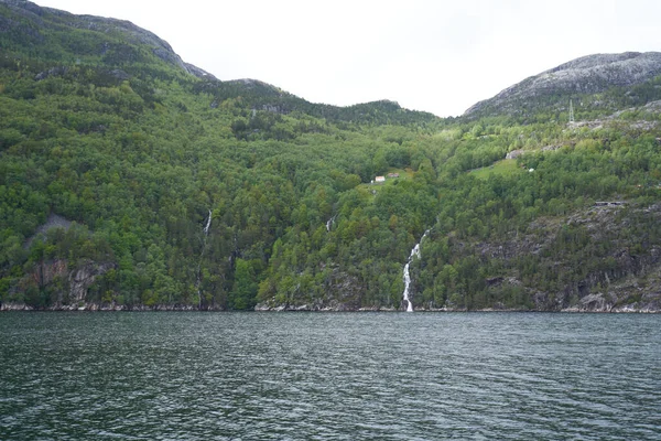 Paredes Rocha Granítica Extremamente Íngremes Brancas Cinzentas Fiorde Lysefjord Cânion — Fotografia de Stock