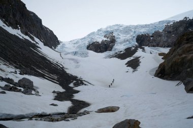 Arka planda Tur Rehberi, Norveç yakınlarındaki Buarbreen buzulunda yürüyüş.