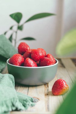 Genç yaprakların arka planında yeşil bir tabakta taze olgun çilek. Köyde sağlıklı bir kahvaltı için büyük kırmızı böğürtlen. Kırsal tarzda yemek fotoğrafı.
