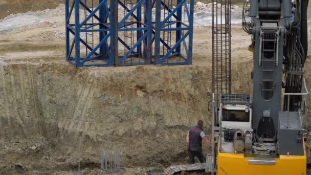 Obras Construção Instalação Reforço Aço Pilha — Vídeo de Stock