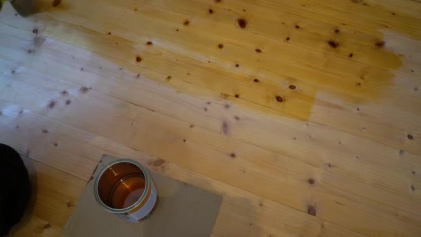 Manual Coating Wooden Floor Colorless Varnish — Vídeo de Stock