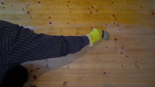 Manual Coating Wooden Floor Colorless Varnish — Videoclip de stoc