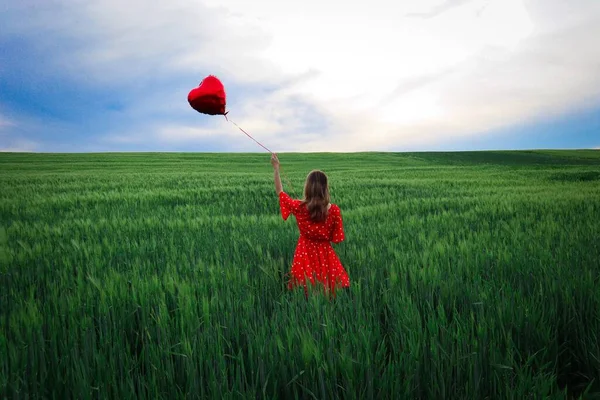 Frau Rotem Kleid Steht Auf Einem Weizenfeld Und Hält Einen — Stockfoto