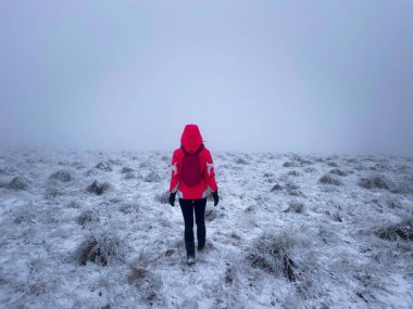Rear view of woman wearing backpack and red hooded coat standing on a field covered in snow on a cold and foggy winter day