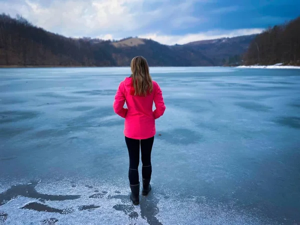 Rear View Woman Pink Jacket Standing Frozen Lake Mountains 免版税图库照片