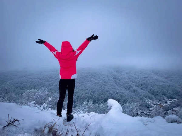 Rear view of woman in pink coat standing on top of the mountains in winter and admiring the view