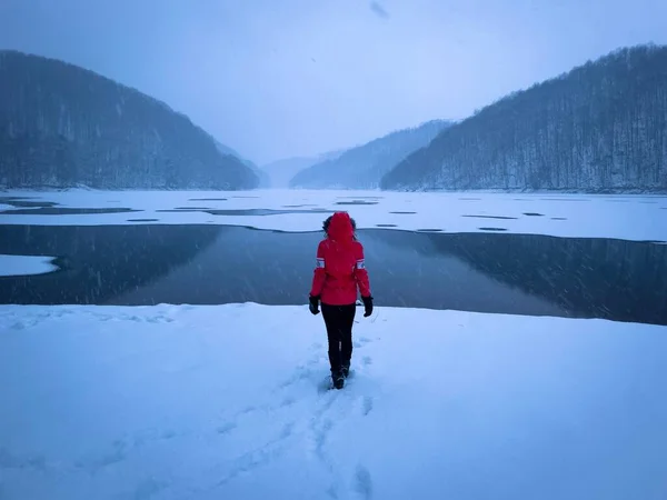 Rear View Woman Red Coat Hood Standing Frozen Lake Mountains 免版税图库照片