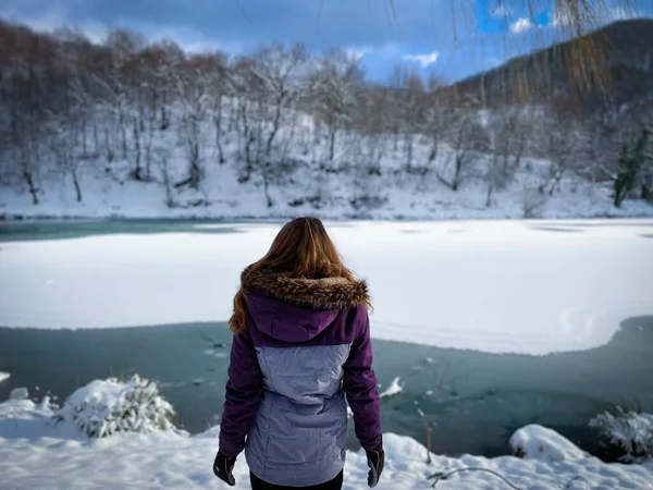 Rear View Woman Hiker Standing Frozen Lake Surrounded Trees 图库照片