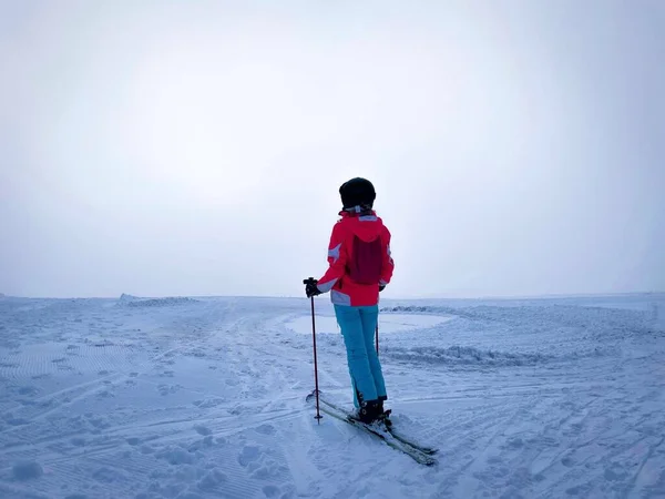 Skifahrerin Nebligem Tag Auf Der Piste Stockfoto