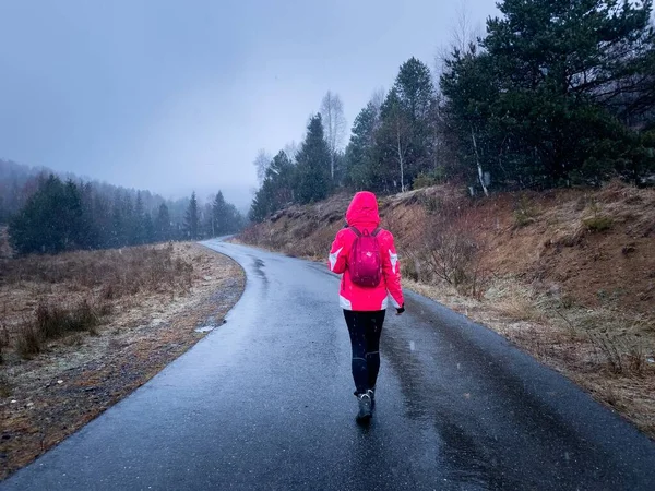 Rear view of woman hiker walking down an empty road through the forest during a snowstorm