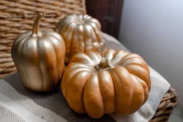 Three Pumpkins Different Shapes Covered Golden Paint Thanksgiving Design — Stock Photo, Image