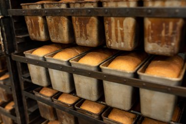 Raflı bir rafta taze ekmek. Ekmek pişirdikten sonra metal kaplarda soğur. Endüstriyel pişirme aşaması. Taze buğday ekmeği somunlarıyla metal raflar..