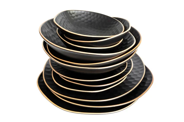 一堆堆时髦的现代餐盘 一套白色背景的陶瓷餐具 不同形状的金属板相互交错在一起 洗碗准备好了 — 图库照片