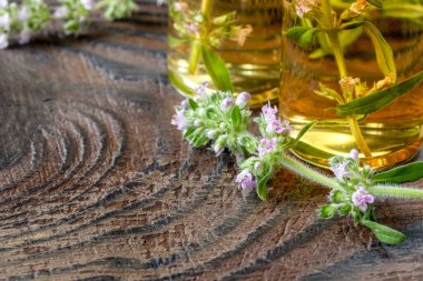 Koyu ahşap bir zemin üzerinde kekik ve cam şişeler ve kekik yağı olan bir dal. Metnin için de bir kopya alanı var. Alternatif tıp geçmişi