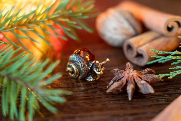 Christmas New Year Composition Souvenir Figure Snail Next Fir Tree Stock Image