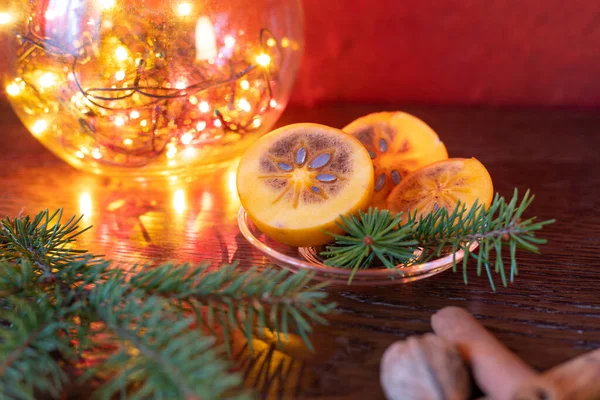 New Year Christmas Still Life Slices Fresh Persimmon Fir Tree — Stock Photo, Image