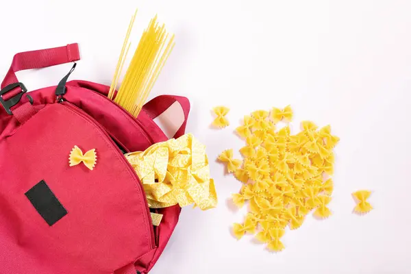Red Backpack Various Pasta Food Delivery Concept Shopping Farm Shopping — Stock Photo, Image