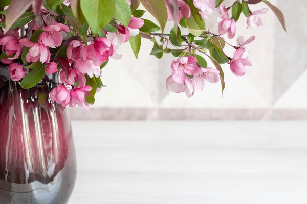 Seasonal Bouquet Flowering Apple Trees Vase Pink Apple Blossoms Ceramic — Stock Photo, Image