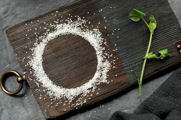 Frame Made Sea Salt Micro Green Sprout Old Wooden Board — Stock Photo, Image