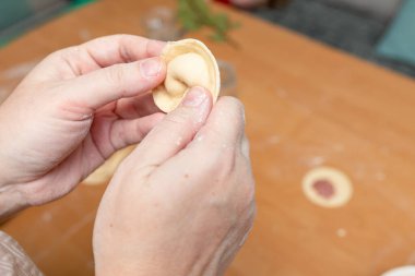 Ravioli, etli börek ya da rulo hamur disklerinden ve kıyma parçalarından pelmeni yapan kadınların elleri. Lezzetli ev yemekleri pişiriyorum.