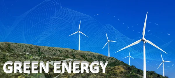 Windturbines Met Digitale Visualisatie Van Wind Inscriptie Groene Energie Blauwe Stockafbeelding