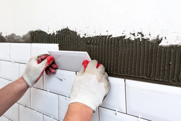 Workers Hands Installing Glazed Ceramic Tiles Kitchen Wall Handyman Using — Stock Photo, Image