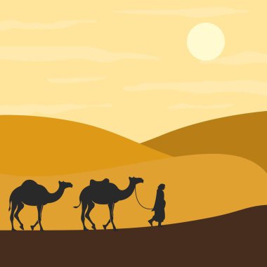 Çöl vektör çiziminde kervanı olan deve. 