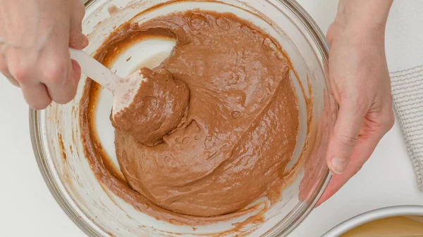 Csokitorta Recept Süteményt Keverni Egy Üvegtálba Közelkép Sütési Folyamat Lapos — Stock Fotó