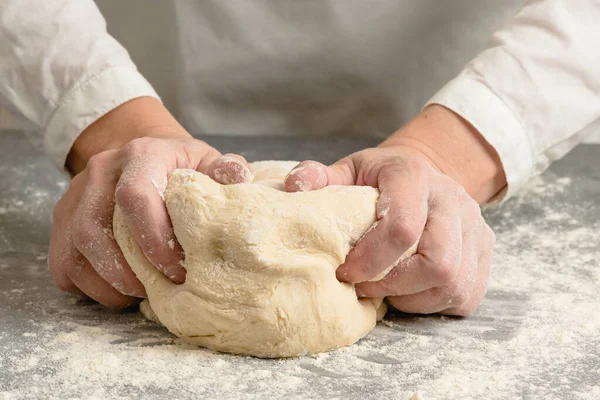 Woman Hands Kneading Whole Wheat Flour Bread Dough Close View — Stockfoto