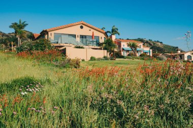 Bahçesi güzel manzaralı güzel evler ve Kaliforniya 'da küçük bir sahil kasabasında arka planda açık mavi gökyüzü..