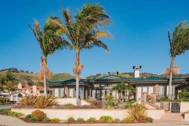 Bahçesi güzel manzaralı güzel evler ve Kaliforniya 'da küçük bir sahil kasabasında arka planda açık mavi gökyüzü..