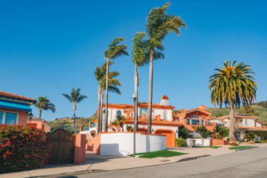 Bahçesi güzel manzaralı güzel evler ve Kaliforniya 'da küçük bir sahil kasabasında arka planda açık mavi gökyüzü..