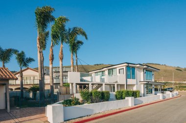 Bahçesi güzel manzaralı güzel evler ve Kaliforniya 'da küçük bir sahil kasabasında arka planda açık mavi gökyüzü..