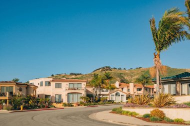 Bahçesi güzel manzaralı güzel evler ve Kaliforniya 'da küçük bir sahil kasabasında arka planda açık mavi gökyüzü..