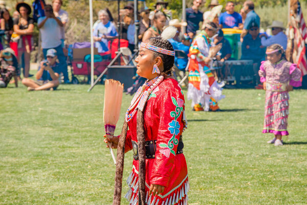 Malibu, California, USA - April 9, 2022. Powwow.  Native Americans dressed in full regalia.  Chumash Day Powwow and Intertribal Gathering.
