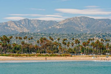 Santa Barbara, California, USA - August 1, 2022  Santa Barbara beach and ocean view, palm trees, mountains, and cloudy sky on background
