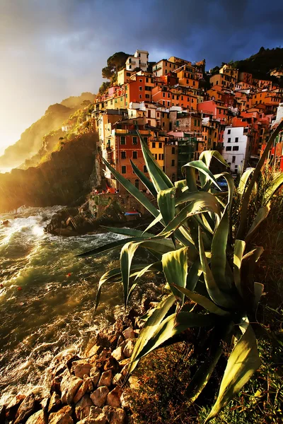 Sonnenuntergang über dem Dorf Riomaggiore, Cinque Terre, Italien — Stockfoto