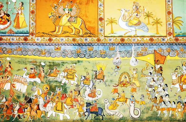 Pintura colorida del mural indio de Rajput en el fuerte de Mehrangarh de Jodhpur, Rajasthan —  Fotos de Stock