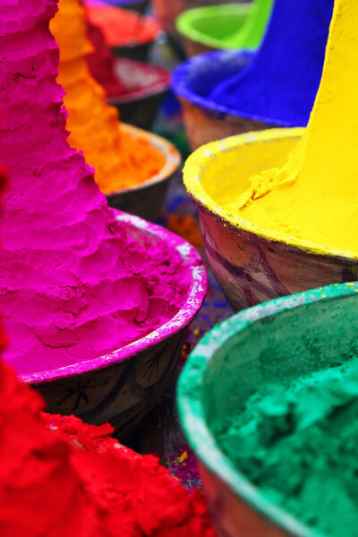 Colorful tika powders in a market of India , Asia