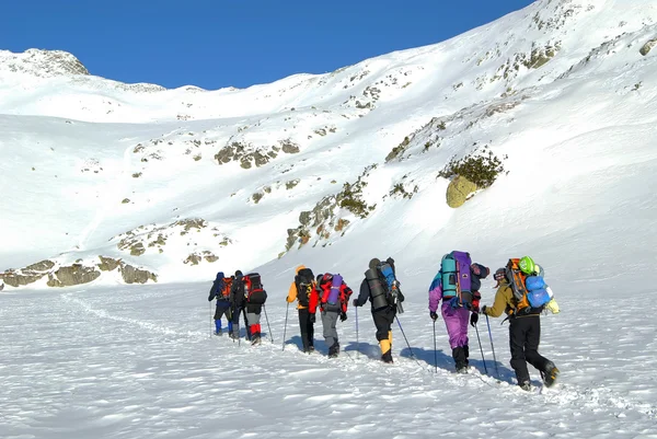 Team van alpinisten doorlopen een iced lake — Stockfoto
