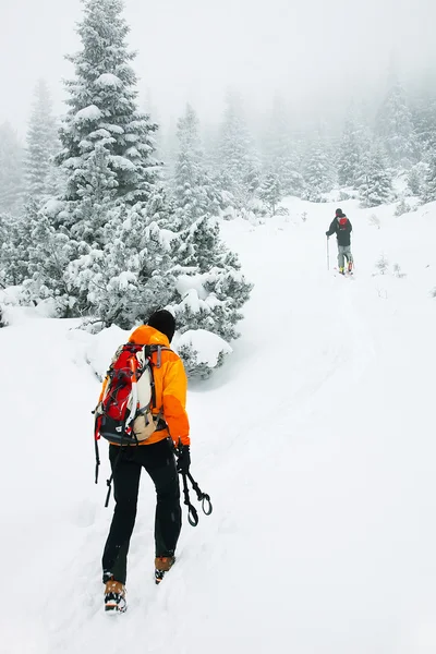 在冬季气候条件恶劣的滑雪旅游 — 图库照片